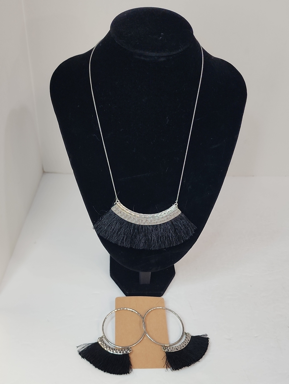 Black Fringe Statement Necklace Earrings Set Silver Tone Boho Jewelry